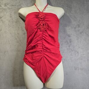 One-piece Swimsuit Size Medium Red Gathering‎ High Back Spaghetti Strap Tie